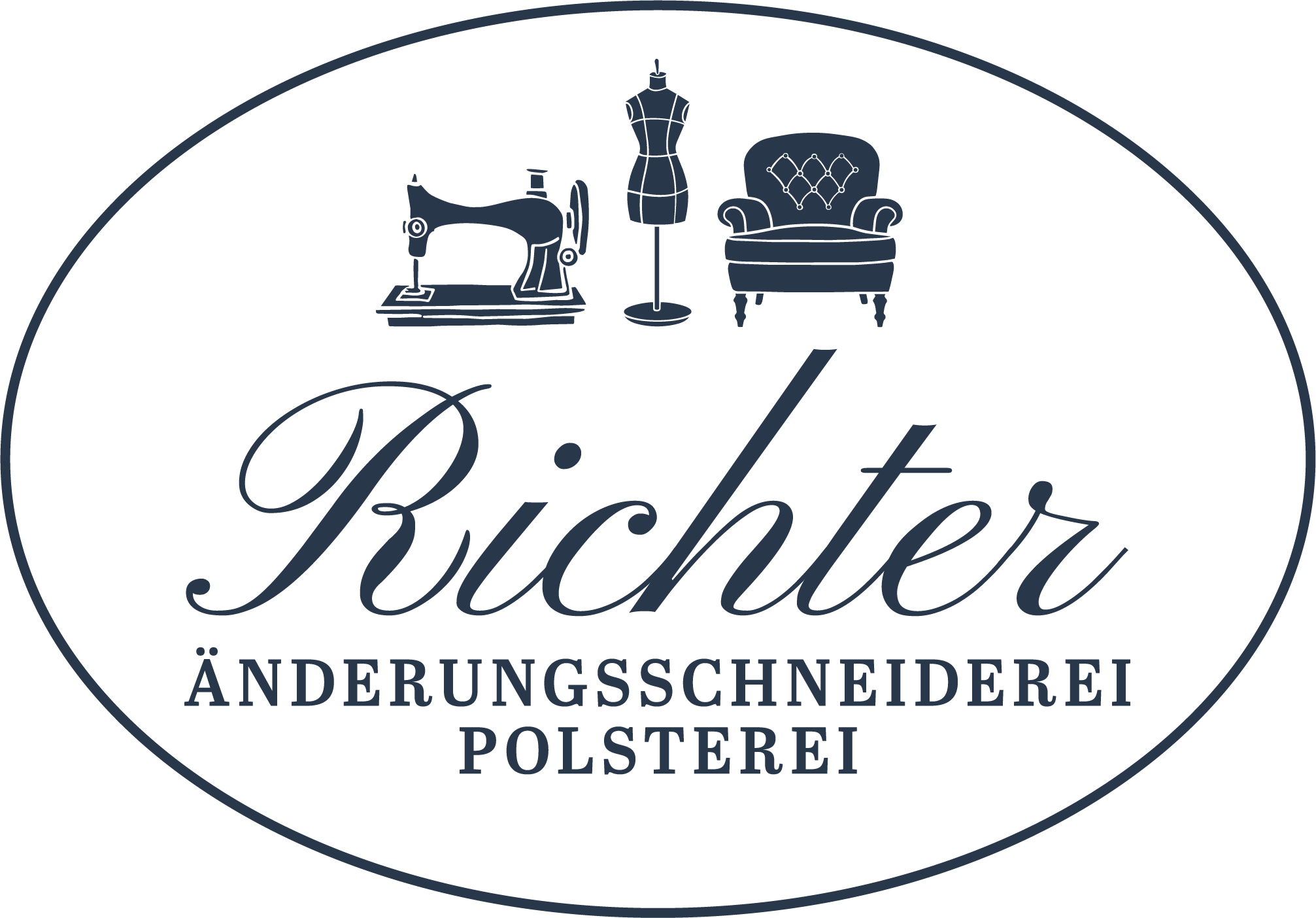 Richter Änderungsschneiderei Polsterei Logo mit Nähmaschine, Schneiderpuppe und Polstersessel in einem ovalen Rahmen